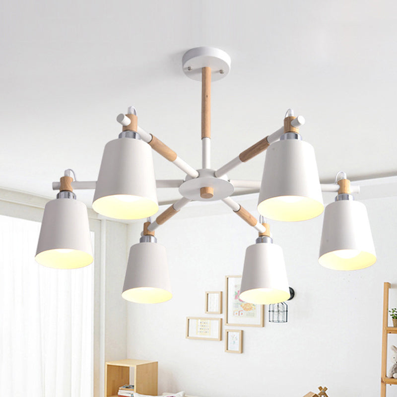 Cone Living Room Chandelier Light Nordic Metal 6 Bulbs Black/White Suspension Lamp with Wooden Arm Clearhalo 'Ceiling Lights' 'Chandeliers' 'Industrial Chandeliers' 'Industrial' 'Middle Century Chandeliers' 'Tiffany' Lighting' 1472605