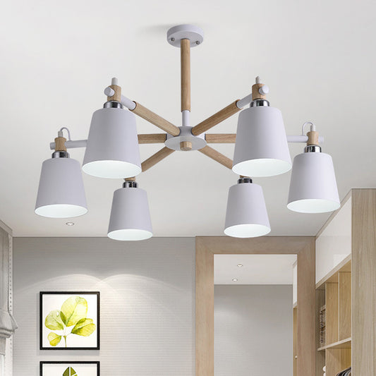 Cone Living Room Chandelier Light Nordic Metal 6 Bulbs Black/White Suspension Lamp with Wooden Arm White Clearhalo 'Ceiling Lights' 'Chandeliers' 'Industrial Chandeliers' 'Industrial' 'Middle Century Chandeliers' 'Tiffany' Lighting' 1472606