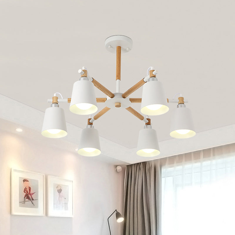 Cone Living Room Chandelier Light Nordic Metal 6 Bulbs Black/White Suspension Lamp with Wooden Arm Clearhalo 'Ceiling Lights' 'Chandeliers' 'Industrial Chandeliers' 'Industrial' 'Middle Century Chandeliers' 'Tiffany' Lighting' 1472607