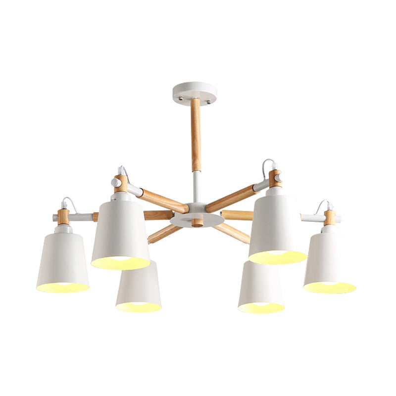Cone Living Room Chandelier Light Nordic Metal 6 Bulbs Black/White Suspension Lamp with Wooden Arm Clearhalo 'Ceiling Lights' 'Chandeliers' 'Industrial Chandeliers' 'Industrial' 'Middle Century Chandeliers' 'Tiffany' Lighting' 1472608