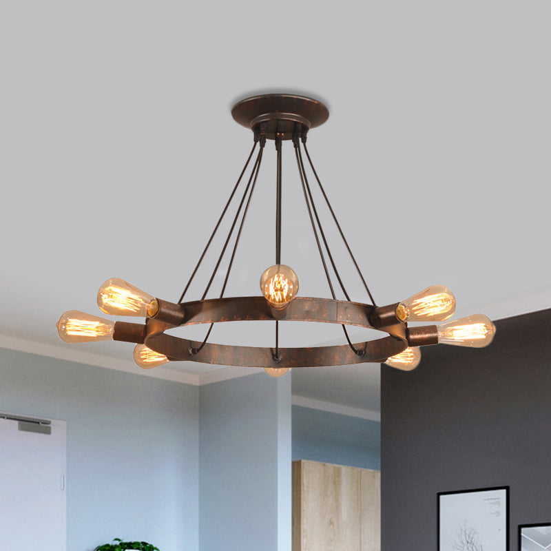 Brown 8 Bulbs Chandelier Lamp Industrial Metal Exposed Bulb Pedant Lighting Fixture with Circle Design Brown Clearhalo 'Cast Iron' 'Ceiling Lights' 'Chandeliers' 'Industrial Chandeliers' 'Industrial' 'Metal' 'Middle Century Chandeliers' 'Rustic Chandeliers' 'Tiffany' Lighting' 1472609