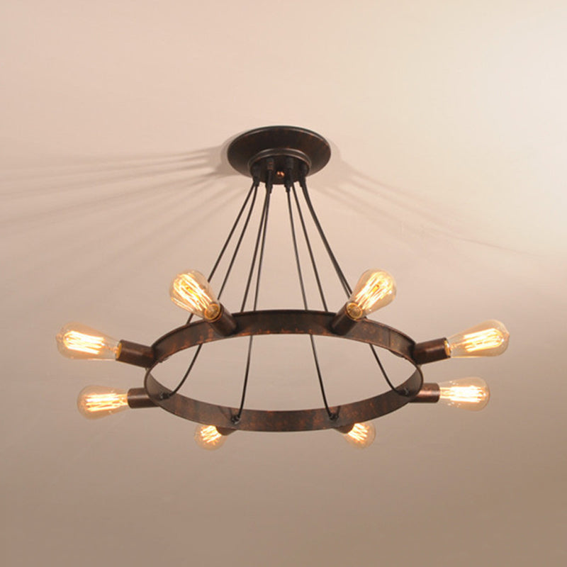 Brown 8 Bulbs Chandelier Lamp Industrial Metal Exposed Bulb Pedant Lighting Fixture with Circle Design Clearhalo 'Cast Iron' 'Ceiling Lights' 'Chandeliers' 'Industrial Chandeliers' 'Industrial' 'Metal' 'Middle Century Chandeliers' 'Rustic Chandeliers' 'Tiffany' Lighting' 1472611