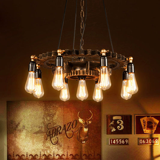 Iron Brass Chandelier Lighting Gear 9 Heads Industrial Suspension Light with Bare Bulb Design Clearhalo 'Cast Iron' 'Ceiling Lights' 'Chandeliers' 'Industrial Chandeliers' 'Industrial' 'Metal' 'Middle Century Chandeliers' 'Rustic Chandeliers' 'Tiffany' Lighting' 1472615