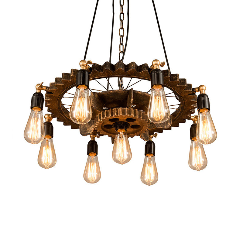 Iron Brass Chandelier Lighting Gear 9 Heads Industrial Suspension Light with Bare Bulb Design Clearhalo 'Cast Iron' 'Ceiling Lights' 'Chandeliers' 'Industrial Chandeliers' 'Industrial' 'Metal' 'Middle Century Chandeliers' 'Rustic Chandeliers' 'Tiffany' Lighting' 1472617