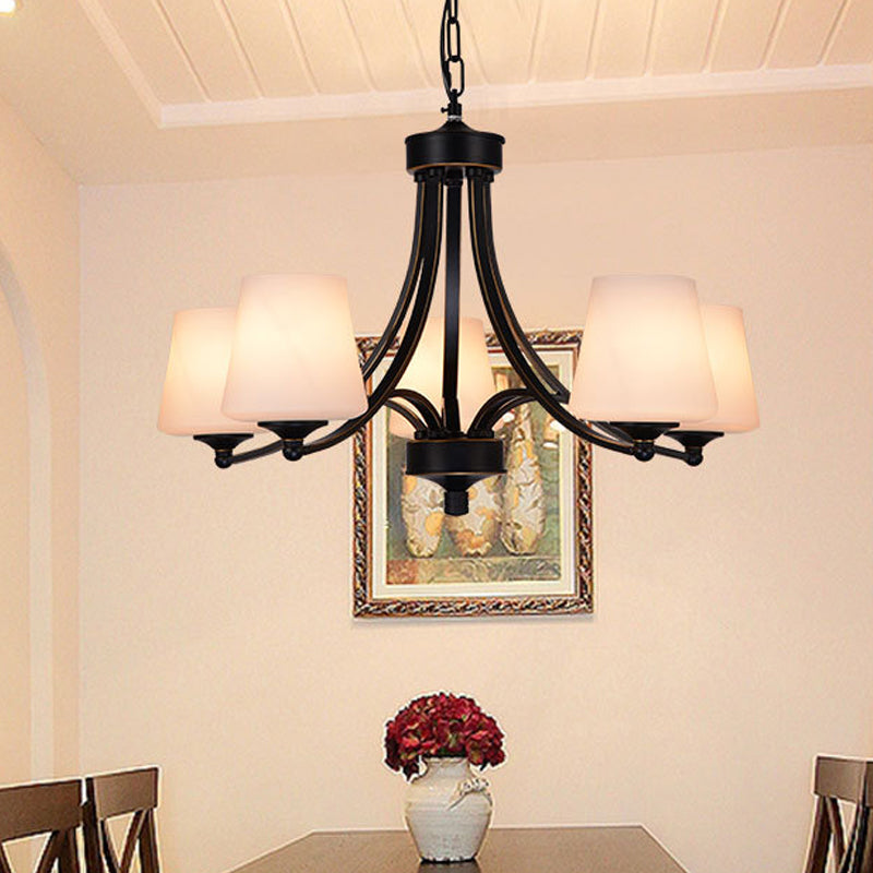 Traditional Tulip Chandelier Light Fixture 3/5/8 Bulbs Milky Glass Pendant Lighting in Black for Dining Room Clearhalo 'Ceiling Lights' 'Chandeliers' Lighting' options 1472635
