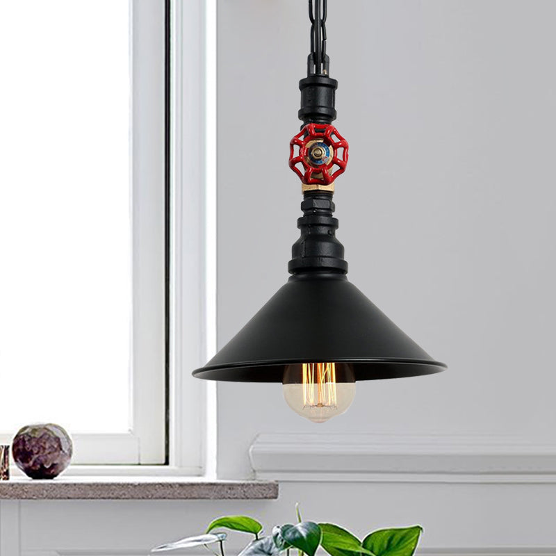Black/Bronze 1 Light Hanging Lamp Industrial Metal Water Pipe and Valve Suspension Pendant with Cone Shade Clearhalo 'Art Deco Pendants' 'Black' 'Cast Iron' 'Ceiling Lights' 'Ceramic' 'Crystal' 'Industrial Pendants' 'Industrial' 'Metal' 'Middle Century Pendants' 'Pendant Lights' 'Pendants' 'Rustic Pendants' 'Tiffany' Lighting' 1472659