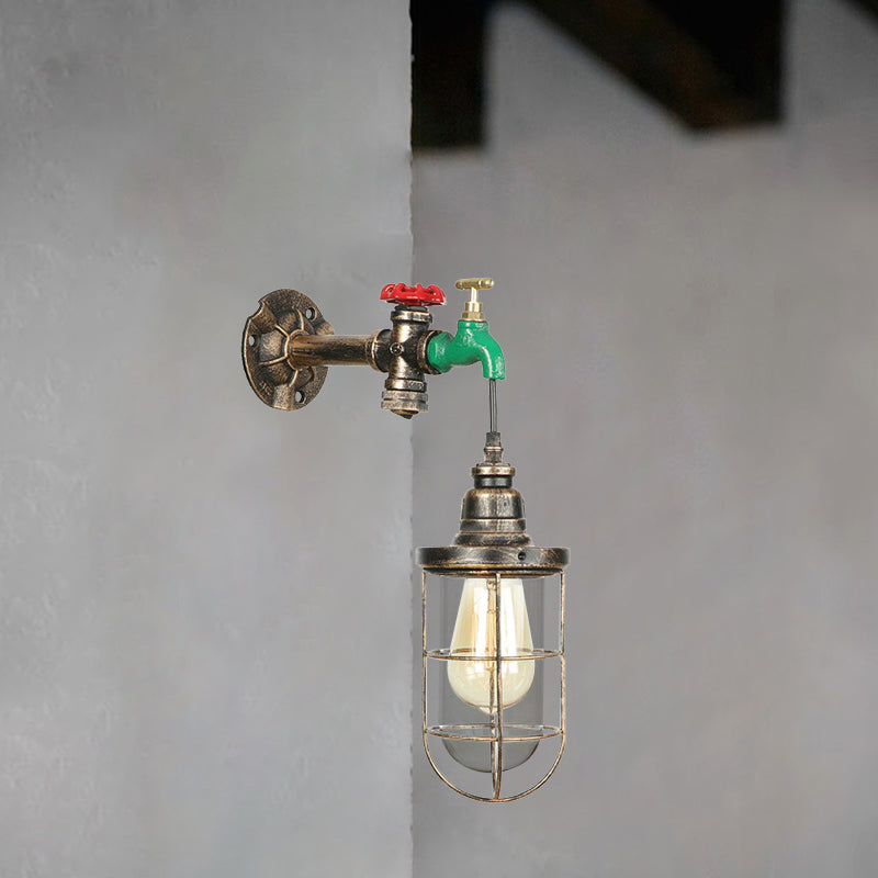 Faucet Design Metal Wall Lamp Steampunk Style 1 Bulb Balcony Wall Sconce with Wire Guard in Antique Bronze Antique Bronze Clearhalo 'Art deco wall lights' 'Cast Iron' 'Glass' 'Industrial wall lights' 'Industrial' 'Middle century wall lights' 'Modern' 'Rustic wall lights' 'Tiffany' 'Traditional wall lights' 'Wall Lamps & Sconces' 'Wall Lights' Lighting' 147266