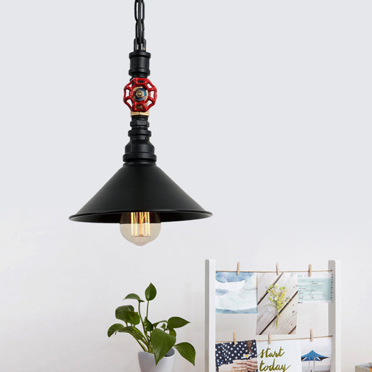 Black/Bronze 1 Light Hanging Lamp Industrial Metal Water Pipe and Valve Suspension Pendant with Cone Shade Black Clearhalo 'Art Deco Pendants' 'Black' 'Cast Iron' 'Ceiling Lights' 'Ceramic' 'Crystal' 'Industrial Pendants' 'Industrial' 'Metal' 'Middle Century Pendants' 'Pendant Lights' 'Pendants' 'Rustic Pendants' 'Tiffany' Lighting' 1472660