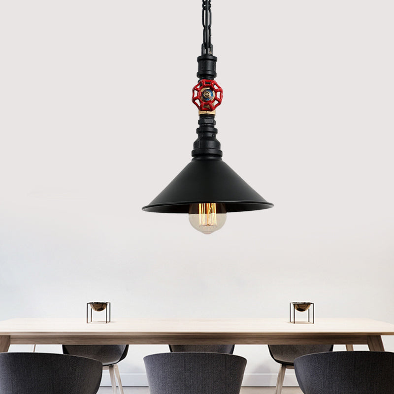 Black/Bronze 1 Light Hanging Lamp Industrial Metal Water Pipe and Valve Suspension Pendant with Cone Shade Clearhalo 'Art Deco Pendants' 'Black' 'Cast Iron' 'Ceiling Lights' 'Ceramic' 'Crystal' 'Industrial Pendants' 'Industrial' 'Metal' 'Middle Century Pendants' 'Pendant Lights' 'Pendants' 'Rustic Pendants' 'Tiffany' Lighting' 1472661