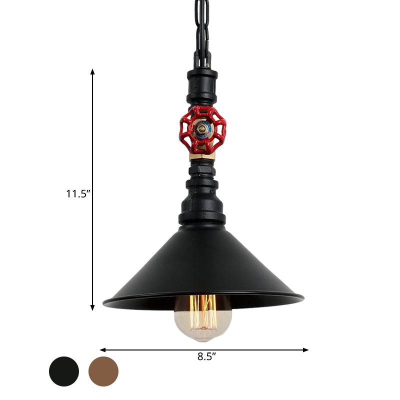 Black/Bronze 1 Light Hanging Lamp Industrial Metal Water Pipe and Valve Suspension Pendant with Cone Shade Clearhalo 'Art Deco Pendants' 'Black' 'Cast Iron' 'Ceiling Lights' 'Ceramic' 'Crystal' 'Industrial Pendants' 'Industrial' 'Metal' 'Middle Century Pendants' 'Pendant Lights' 'Pendants' 'Rustic Pendants' 'Tiffany' Lighting' 1472663