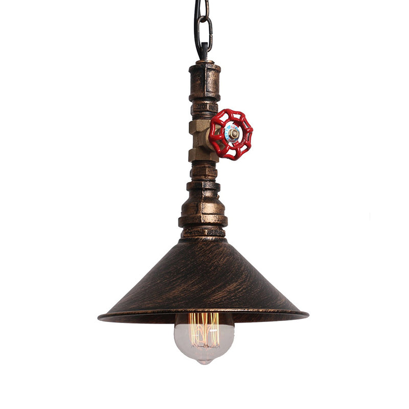Black/Bronze 1 Light Hanging Lamp Industrial Metal Water Pipe and Valve Suspension Pendant with Cone Shade Clearhalo 'Art Deco Pendants' 'Black' 'Cast Iron' 'Ceiling Lights' 'Ceramic' 'Crystal' 'Industrial Pendants' 'Industrial' 'Metal' 'Middle Century Pendants' 'Pendant Lights' 'Pendants' 'Rustic Pendants' 'Tiffany' Lighting' 1472667