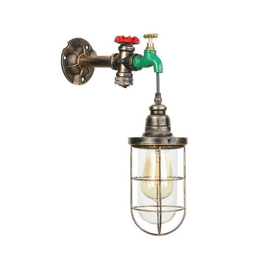 Faucet Design Metal Wall Lamp Steampunk Style 1 Bulb Balcony Wall Sconce with Wire Guard in Antique Bronze Clearhalo 'Art deco wall lights' 'Cast Iron' 'Glass' 'Industrial wall lights' 'Industrial' 'Middle century wall lights' 'Modern' 'Rustic wall lights' 'Tiffany' 'Traditional wall lights' 'Wall Lamps & Sconces' 'Wall Lights' Lighting' 147268