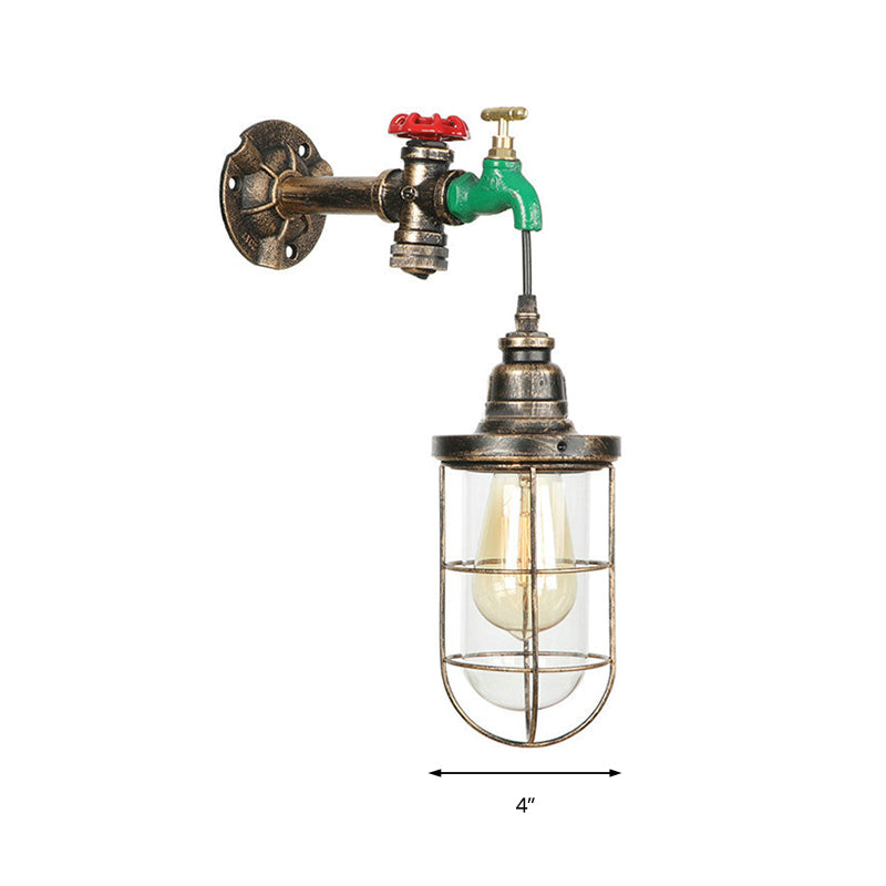 Faucet Design Metal Wall Lamp Steampunk Style 1 Bulb Balcony Wall Sconce with Wire Guard in Antique Bronze Clearhalo 'Art deco wall lights' 'Cast Iron' 'Glass' 'Industrial wall lights' 'Industrial' 'Middle century wall lights' 'Modern' 'Rustic wall lights' 'Tiffany' 'Traditional wall lights' 'Wall Lamps & Sconces' 'Wall Lights' Lighting' 147269