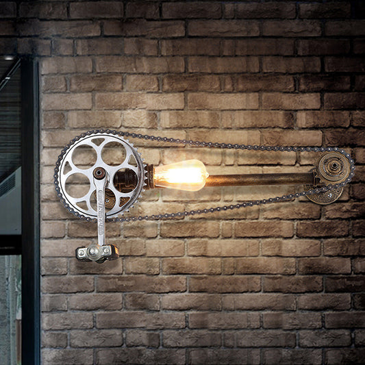 Iron Gear Bike Wall Lamp Warehouse 1 Light Restaurant Wall Mounted Light in Bronze with Pipe Arm Bronze Clearhalo 'Cast Iron' 'Glass' 'Industrial wall lights' 'Industrial' 'Middle century wall lights' 'Modern' 'Rustic wall lights' 'Tiffany' 'Traditional wall lights' 'Wall Lamps & Sconces' 'Wall Lights' Lighting' 1472694_4fd61431-e807-4581-b2cd-8ef7711e7a39