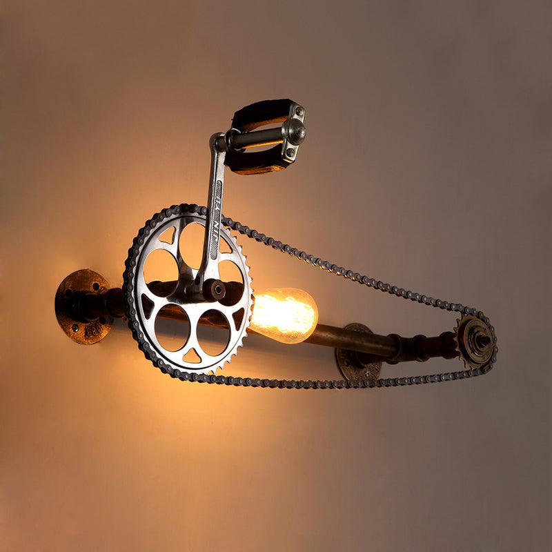 Iron Gear Bike Wall Lamp Warehouse 1 Light Restaurant Wall Mounted Light in Bronze with Pipe Arm Clearhalo 'Cast Iron' 'Glass' 'Industrial wall lights' 'Industrial' 'Middle century wall lights' 'Modern' 'Rustic wall lights' 'Tiffany' 'Traditional wall lights' 'Wall Lamps & Sconces' 'Wall Lights' Lighting' 1472696_b2ec5fc9-8905-4b20-be51-59949d91069d