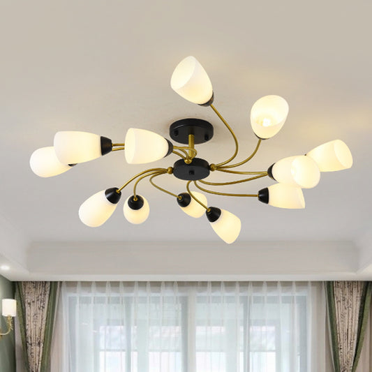 Iron Black/Gold Ceiling Fixture Spiral 9/12-Head Traditional Semi Flush Mount Light with Tapered White Glass Shade Clearhalo 'Ceiling Lights' 'Close To Ceiling Lights' 'Close to ceiling' 'Semi-flushmount' Lighting' 1472734