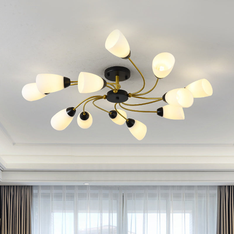 Iron Black/Gold Ceiling Fixture Spiral 9/12-Head Traditional Semi Flush Mount Light with Tapered White Glass Shade 12 Black Clearhalo 'Ceiling Lights' 'Close To Ceiling Lights' 'Close to ceiling' 'Semi-flushmount' Lighting' 1472735