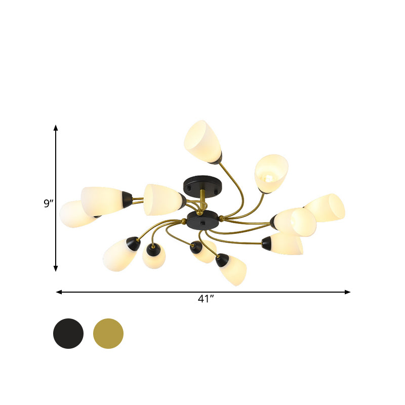 Iron Black/Gold Ceiling Fixture Spiral 9/12-Head Traditional Semi Flush Mount Light with Tapered White Glass Shade Clearhalo 'Ceiling Lights' 'Close To Ceiling Lights' 'Close to ceiling' 'Semi-flushmount' Lighting' 1472738