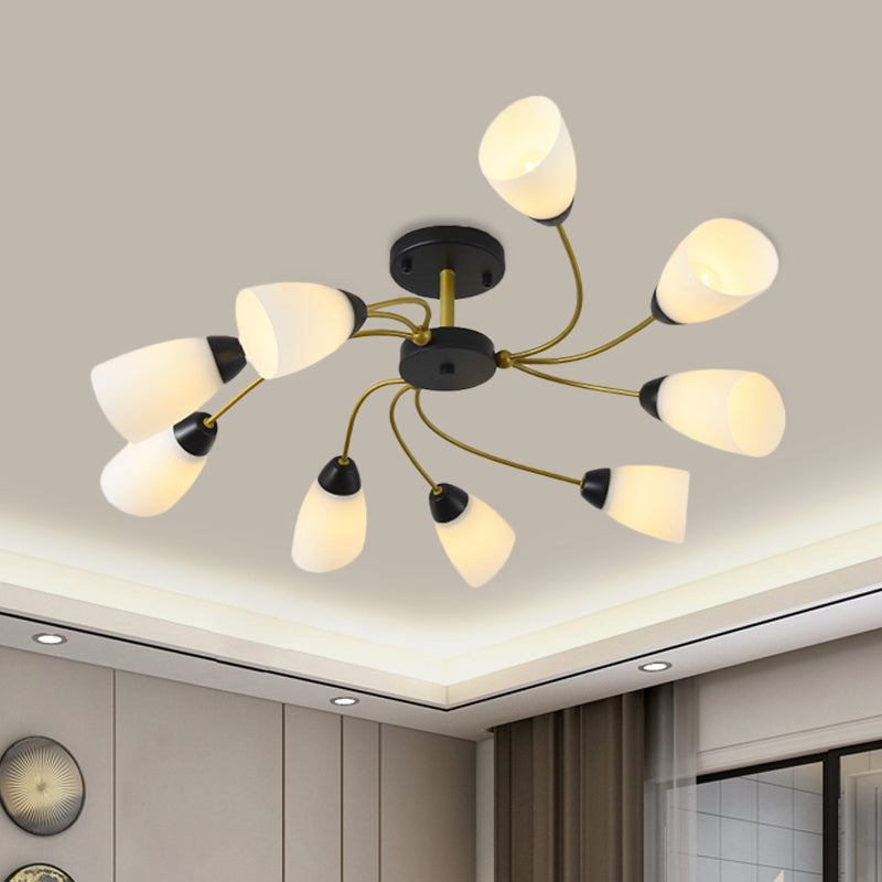 Iron Black/Gold Ceiling Fixture Spiral 9/12-Head Traditional Semi Flush Mount Light with Tapered White Glass Shade Clearhalo 'Ceiling Lights' 'Close To Ceiling Lights' 'Close to ceiling' 'Semi-flushmount' Lighting' 1472739