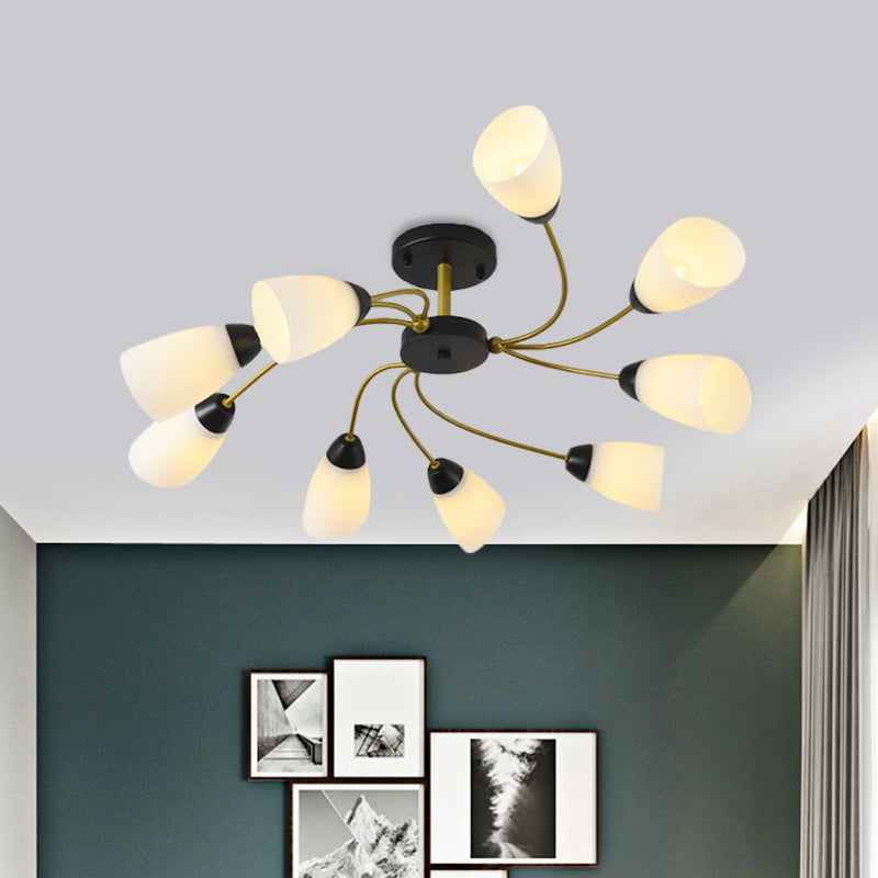Iron Black/Gold Ceiling Fixture Spiral 9/12-Head Traditional Semi Flush Mount Light with Tapered White Glass Shade 9 Black Clearhalo 'Ceiling Lights' 'Close To Ceiling Lights' 'Close to ceiling' 'Semi-flushmount' Lighting' 1472740