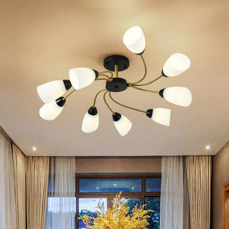 Iron Black/Gold Ceiling Fixture Spiral 9/12-Head Traditional Semi Flush Mount Light with Tapered White Glass Shade Clearhalo 'Ceiling Lights' 'Close To Ceiling Lights' 'Close to ceiling' 'Semi-flushmount' Lighting' 1472741