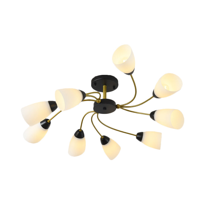 Iron Black/Gold Ceiling Fixture Spiral 9/12-Head Traditional Semi Flush Mount Light with Tapered White Glass Shade Clearhalo 'Ceiling Lights' 'Close To Ceiling Lights' 'Close to ceiling' 'Semi-flushmount' Lighting' 1472742