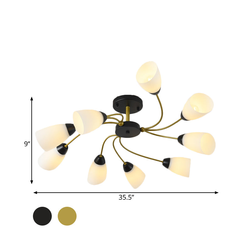 Iron Black/Gold Ceiling Fixture Spiral 9/12-Head Traditional Semi Flush Mount Light with Tapered White Glass Shade Clearhalo 'Ceiling Lights' 'Close To Ceiling Lights' 'Close to ceiling' 'Semi-flushmount' Lighting' 1472743