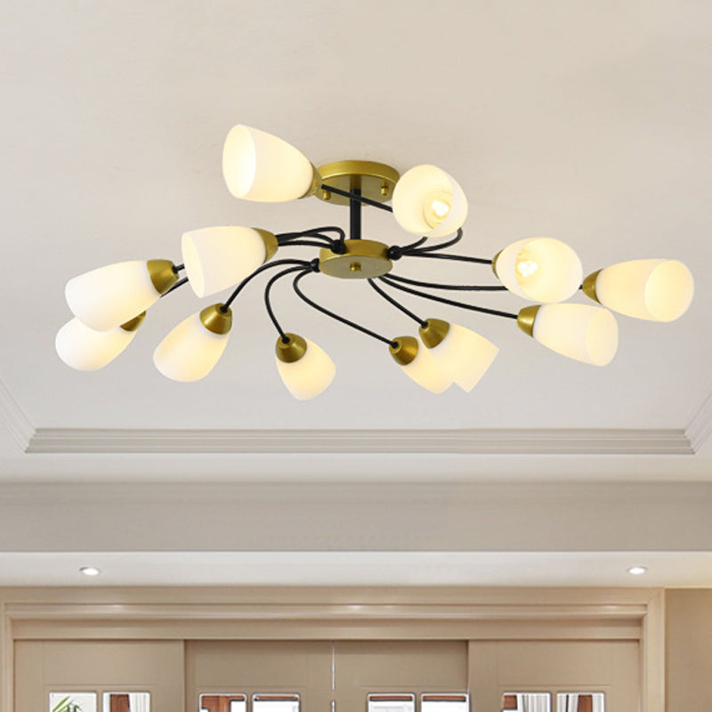 Iron Black/Gold Ceiling Fixture Spiral 9/12-Head Traditional Semi Flush Mount Light with Tapered White Glass Shade Clearhalo 'Ceiling Lights' 'Close To Ceiling Lights' 'Close to ceiling' 'Semi-flushmount' Lighting' 1472744