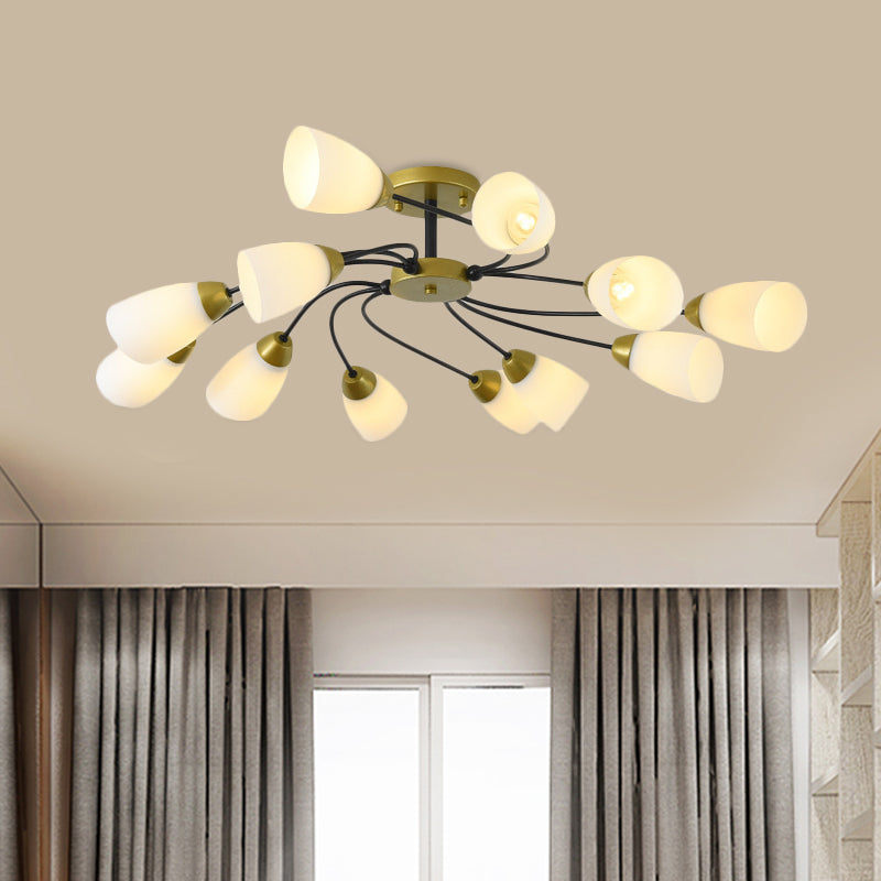Iron Black/Gold Ceiling Fixture Spiral 9/12-Head Traditional Semi Flush Mount Light with Tapered White Glass Shade 12 Gold Clearhalo 'Ceiling Lights' 'Close To Ceiling Lights' 'Close to ceiling' 'Semi-flushmount' Lighting' 1472745