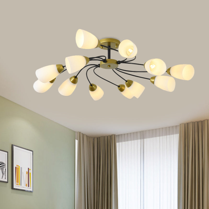 Iron Black/Gold Ceiling Fixture Spiral 9/12-Head Traditional Semi Flush Mount Light with Tapered White Glass Shade Clearhalo 'Ceiling Lights' 'Close To Ceiling Lights' 'Close to ceiling' 'Semi-flushmount' Lighting' 1472746