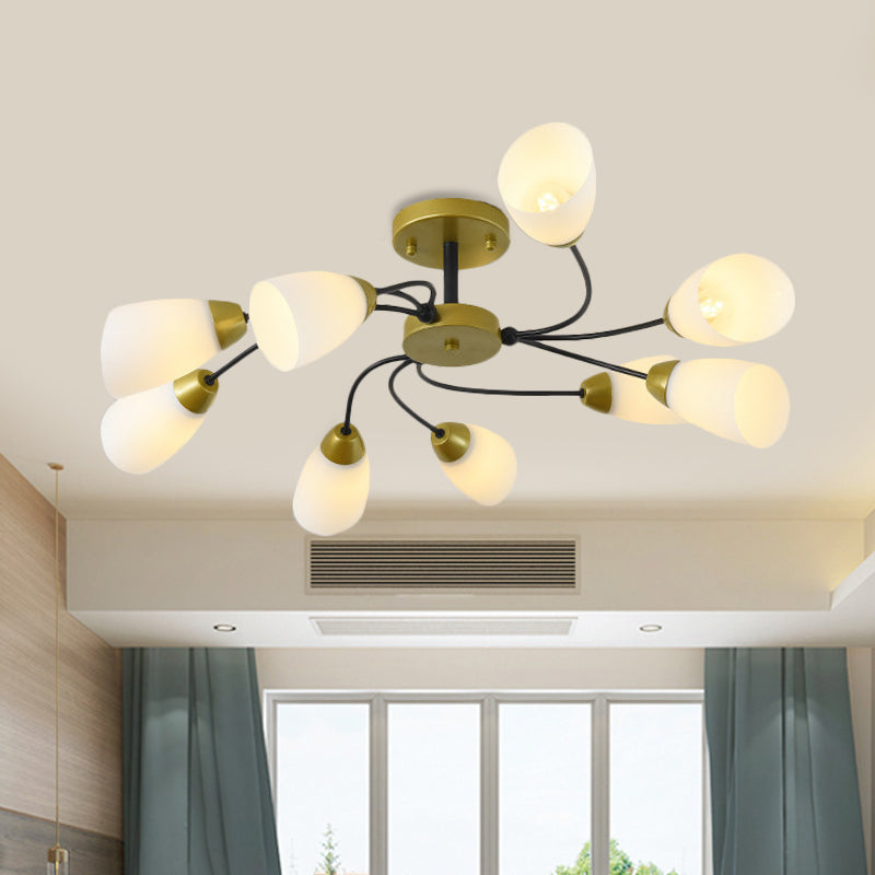 Iron Black/Gold Ceiling Fixture Spiral 9/12-Head Traditional Semi Flush Mount Light with Tapered White Glass Shade Clearhalo 'Ceiling Lights' 'Close To Ceiling Lights' 'Close to ceiling' 'Semi-flushmount' Lighting' 1472749