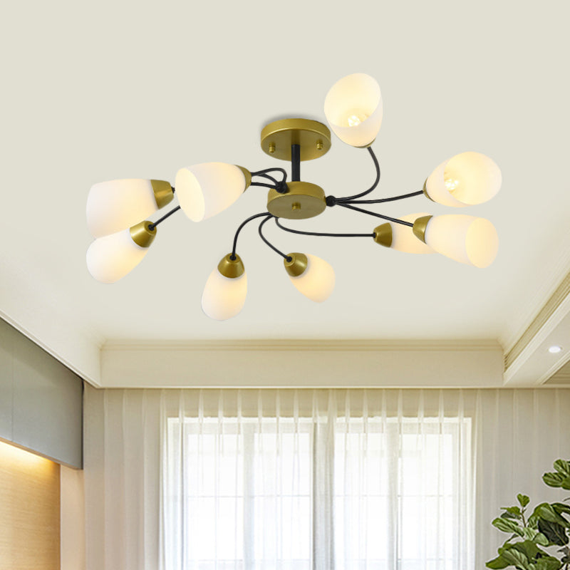 Iron Black/Gold Ceiling Fixture Spiral 9/12-Head Traditional Semi Flush Mount Light with Tapered White Glass Shade Clearhalo 'Ceiling Lights' 'Close To Ceiling Lights' 'Close to ceiling' 'Semi-flushmount' Lighting' 1472750