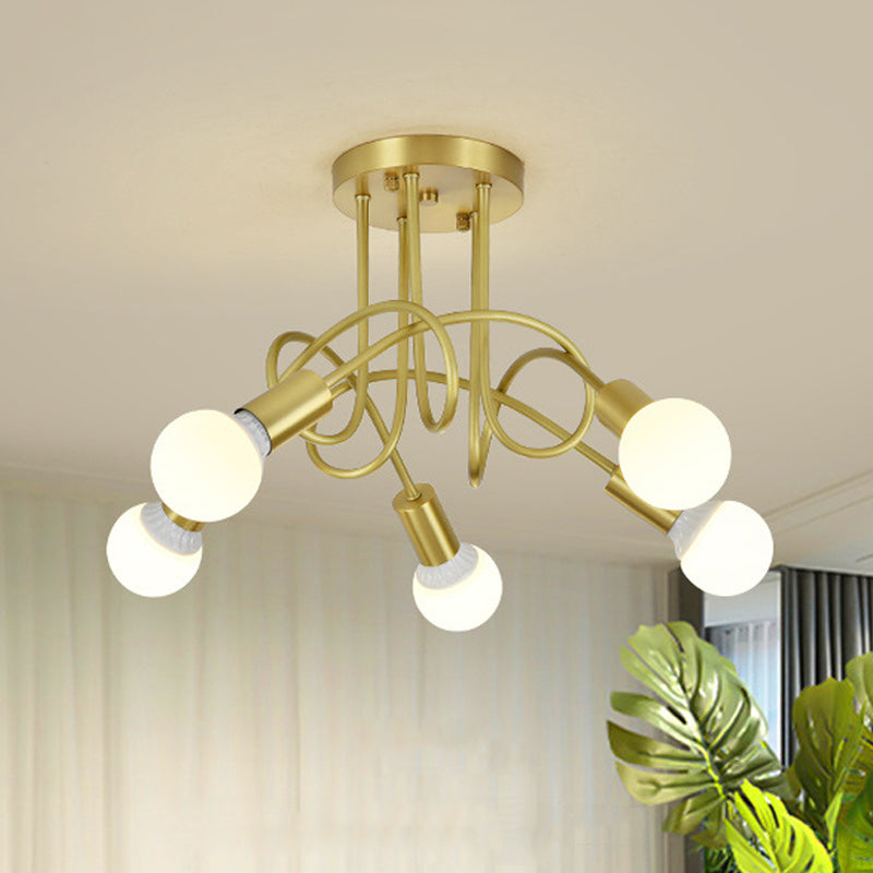 Colonial Sputnik Ceiling Flush Mount 3/4/5-Light Metal Semi Flush in Gold with Orb Opal Glass Shade Clearhalo 'Ceiling Lights' 'Close To Ceiling Lights' 'Close to ceiling' 'Semi-flushmount' Lighting' 1472767