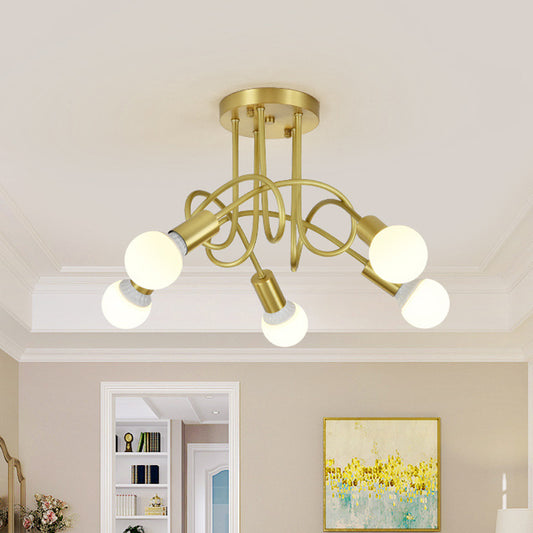 Colonial Sputnik Ceiling Flush Mount 3/4/5-Light Metal Semi Flush in Gold with Orb Opal Glass Shade 5 Gold Clearhalo 'Ceiling Lights' 'Close To Ceiling Lights' 'Close to ceiling' 'Semi-flushmount' Lighting' 1472768