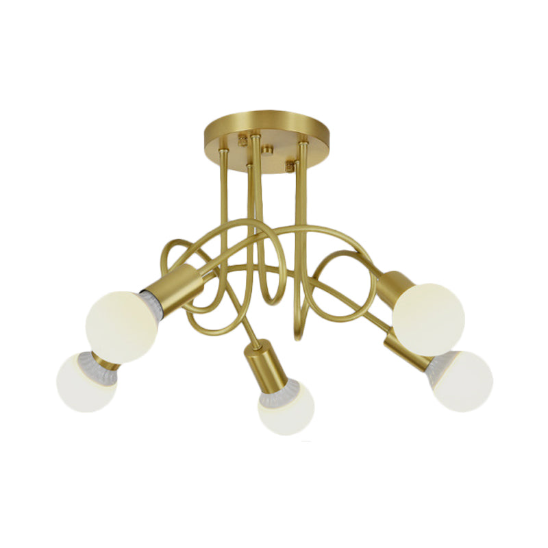 Colonial Sputnik Ceiling Flush Mount 3/4/5-Light Metal Semi Flush in Gold with Orb Opal Glass Shade Clearhalo 'Ceiling Lights' 'Close To Ceiling Lights' 'Close to ceiling' 'Semi-flushmount' Lighting' 1472770
