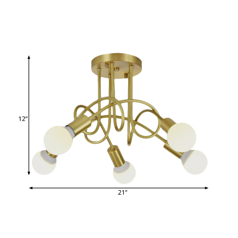 Colonial Sputnik Ceiling Flush Mount 3/4/5-Light Metal Semi Flush in Gold with Orb Opal Glass Shade Clearhalo 'Ceiling Lights' 'Close To Ceiling Lights' 'Close to ceiling' 'Semi-flushmount' Lighting' 1472771