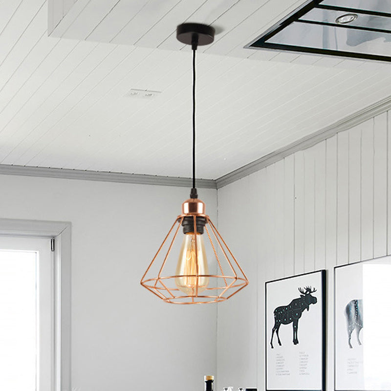 Iron Rose Gold Suspension Light Diamond Cage 1-Bulb Industrial Ceiling Pendant Lamp Clearhalo 'Art Deco Pendants' 'Cast Iron' 'Ceiling Lights' 'Ceramic' 'Crystal' 'Industrial Pendants' 'Industrial' 'Metal' 'Middle Century Pendants' 'Pendant Lights' 'Pendants' 'Tiffany' Lighting' 1472793