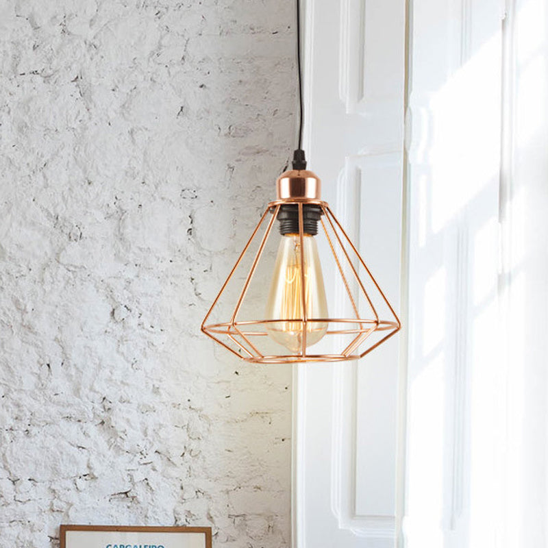 Iron Rose Gold Suspension Light Diamond Cage 1-Bulb Industrial Ceiling Pendant Lamp Clearhalo 'Art Deco Pendants' 'Cast Iron' 'Ceiling Lights' 'Ceramic' 'Crystal' 'Industrial Pendants' 'Industrial' 'Metal' 'Middle Century Pendants' 'Pendant Lights' 'Pendants' 'Tiffany' Lighting' 1472794