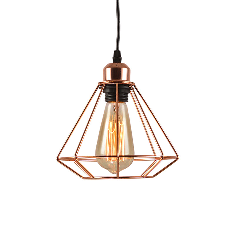 Iron Rose Gold Suspension Light Diamond Cage 1-Bulb Industrial Ceiling Pendant Lamp Clearhalo 'Art Deco Pendants' 'Cast Iron' 'Ceiling Lights' 'Ceramic' 'Crystal' 'Industrial Pendants' 'Industrial' 'Metal' 'Middle Century Pendants' 'Pendant Lights' 'Pendants' 'Tiffany' Lighting' 1472795