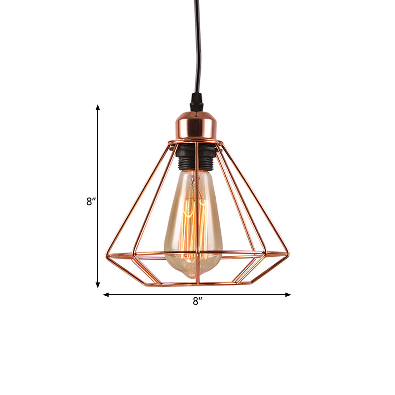 Iron Rose Gold Suspension Light Diamond Cage 1-Bulb Industrial Ceiling Pendant Lamp Clearhalo 'Art Deco Pendants' 'Cast Iron' 'Ceiling Lights' 'Ceramic' 'Crystal' 'Industrial Pendants' 'Industrial' 'Metal' 'Middle Century Pendants' 'Pendant Lights' 'Pendants' 'Tiffany' Lighting' 1472796