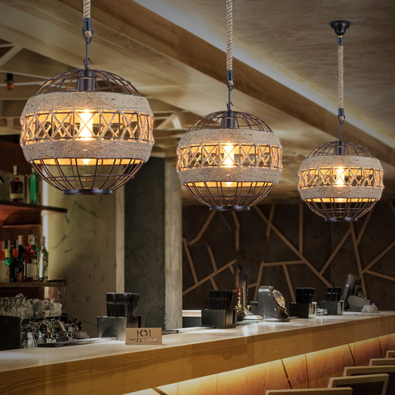 Spherical Bistro Ceiling Suspension Lamp Rustic Natural Rope 1 Head 12"/16" Wide Black Hanging Pendant Light Clearhalo 'Ceiling Lights' 'Industrial Pendants' 'Industrial' 'Middle Century Pendants' 'Pendant Lights' 'Pendants' 'Tiffany' Lighting' 1472920
