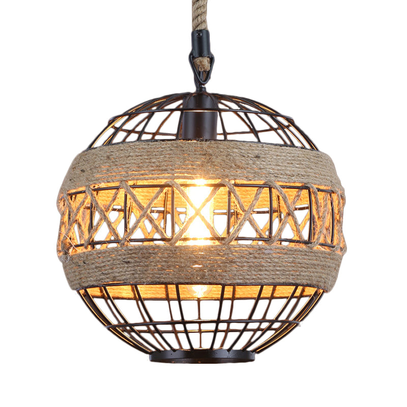 Spherical Bistro Ceiling Suspension Lamp Rustic Natural Rope 1 Head 12"/16" Wide Black Hanging Pendant Light Clearhalo 'Ceiling Lights' 'Industrial Pendants' 'Industrial' 'Middle Century Pendants' 'Pendant Lights' 'Pendants' 'Tiffany' Lighting' 1472923