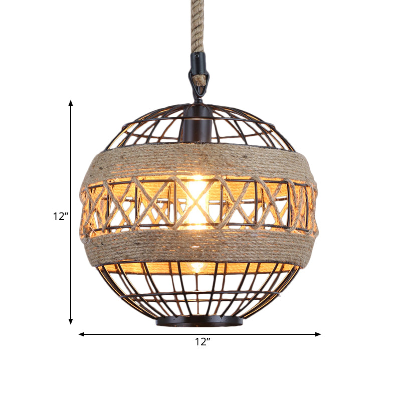 Spherical Bistro Ceiling Suspension Lamp Rustic Natural Rope 1 Head 12"/16" Wide Black Hanging Pendant Light Clearhalo 'Ceiling Lights' 'Industrial Pendants' 'Industrial' 'Middle Century Pendants' 'Pendant Lights' 'Pendants' 'Tiffany' Lighting' 1472924