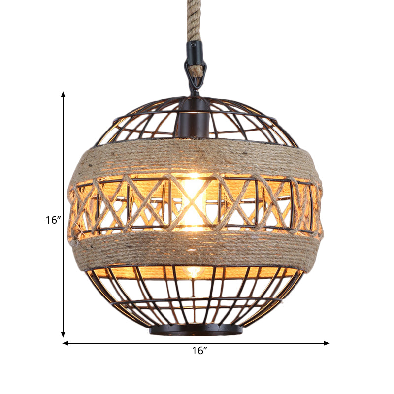 Spherical Bistro Ceiling Suspension Lamp Rustic Natural Rope 1 Head 12"/16" Wide Black Hanging Pendant Light Clearhalo 'Ceiling Lights' 'Industrial Pendants' 'Industrial' 'Middle Century Pendants' 'Pendant Lights' 'Pendants' 'Tiffany' Lighting' 1472925