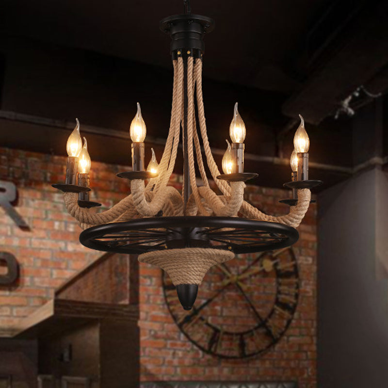 Rope Candle Hanging Chandelier Farmhouse 8 Bulbs Restaurant Pendant Light in Black with Wheel Design Clearhalo 'Ceiling Lights' 'Chandeliers' 'Industrial Chandeliers' 'Industrial' 'Middle Century Chandeliers' 'Tiffany' Lighting' 1472951