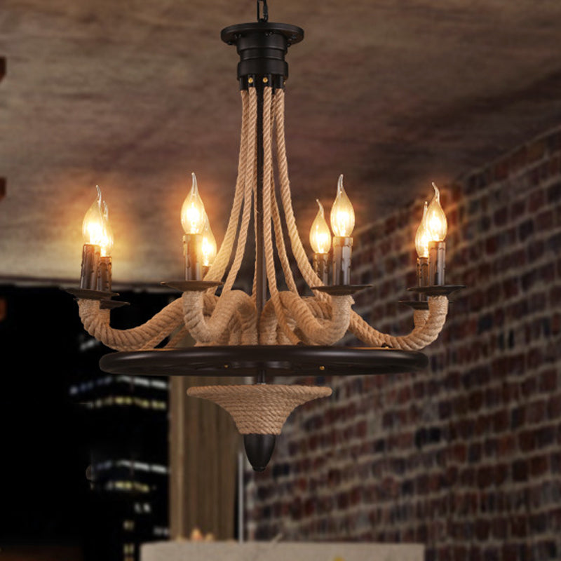 Rope Candle Hanging Chandelier Farmhouse 8 Bulbs Restaurant Pendant Light in Black with Wheel Design Clearhalo 'Ceiling Lights' 'Chandeliers' 'Industrial Chandeliers' 'Industrial' 'Middle Century Chandeliers' 'Tiffany' Lighting' 1472952