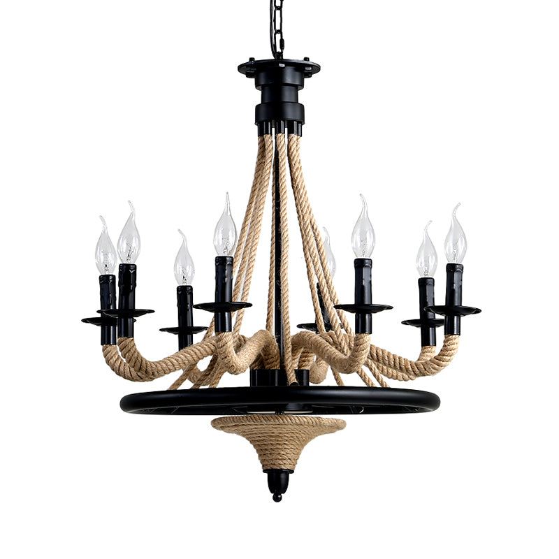 Rope Candle Hanging Chandelier Farmhouse 8 Bulbs Restaurant Pendant Light in Black with Wheel Design Clearhalo 'Ceiling Lights' 'Chandeliers' 'Industrial Chandeliers' 'Industrial' 'Middle Century Chandeliers' 'Tiffany' Lighting' 1472953