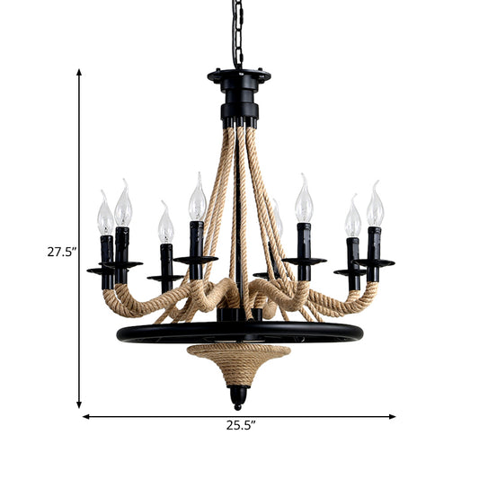 Rope Candle Hanging Chandelier Farmhouse 8 Bulbs Restaurant Pendant Light in Black with Wheel Design Clearhalo 'Ceiling Lights' 'Chandeliers' 'Industrial Chandeliers' 'Industrial' 'Middle Century Chandeliers' 'Tiffany' Lighting' 1472954