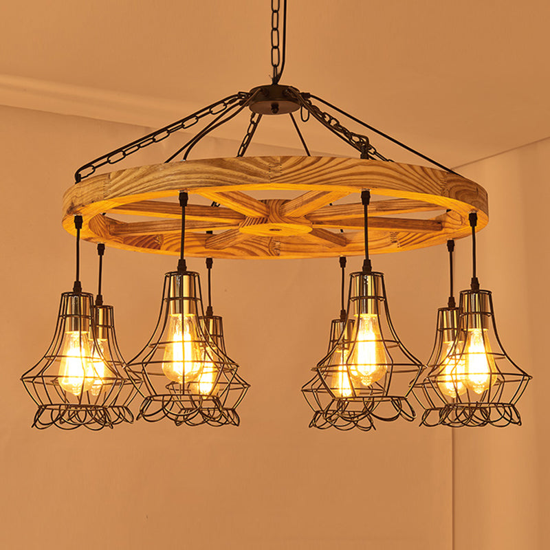 Wagon Wheel Wood Suspension Light Warehouse 6/8-Light Dining Hall Ceiling Chandelier with Wire Cage Clearhalo 'Carpenter Chandeliers' 'Ceiling Lights' 'Chandeliers' 'Industrial Chandeliers' 'Industrial' 'Middle Century Chandeliers' 'Modern' 'Tiffany' Lighting' 1472955