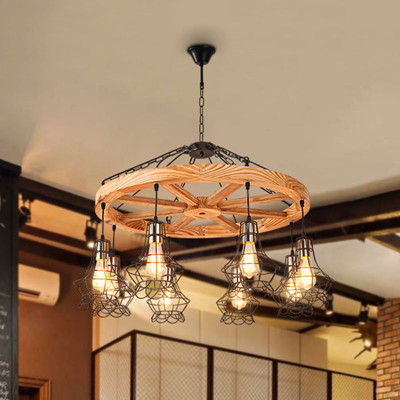 Wagon Wheel Wood Suspension Light Warehouse 6/8-Light Dining Hall Ceiling Chandelier with Wire Cage 8 Wood Clearhalo 'Carpenter Chandeliers' 'Ceiling Lights' 'Chandeliers' 'Industrial Chandeliers' 'Industrial' 'Middle Century Chandeliers' 'Modern' 'Tiffany' Lighting' 1472956